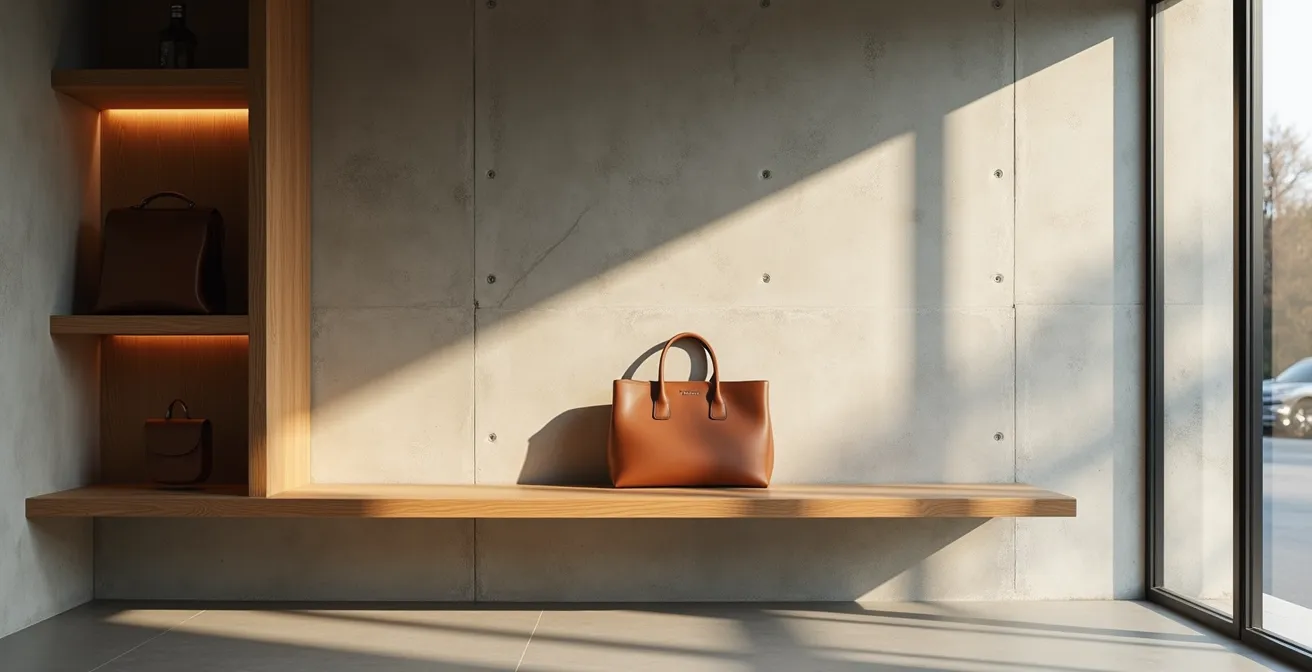 Minimalistische Luxustasche ohne sichtbare Logos in elegantem deutschem Concept Store