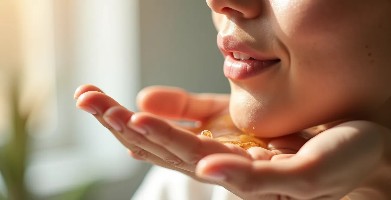 Nahaufnahme von morgendlicher Hautpflege mit natürlichem Licht und minimalistischen Beauty-Tools