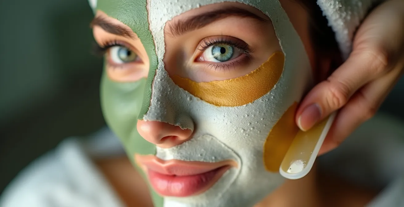 Detailaufnahme einer Multi-Masking-Anwendung mit verschiedenen Texturen auf unterschiedlichen Gesichtszonen