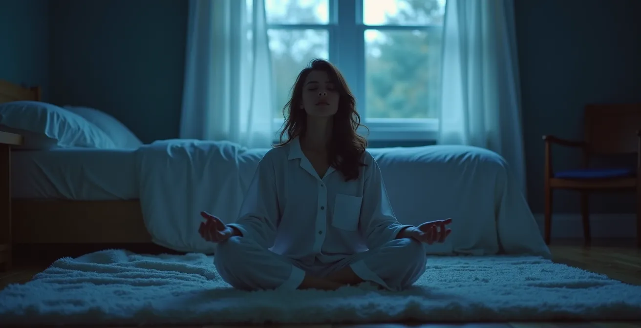 Eine Person sitzt in ruhiger Meditationshaltung bei sanftem Mondlicht in einem Schlafzimmer, was Akzeptanz statt Frustration über die Wachheit ausdrückt.