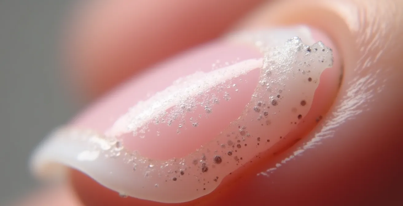 Makroaufnahme eines geschädigten Nagels mit sichtbaren Keratinschäden