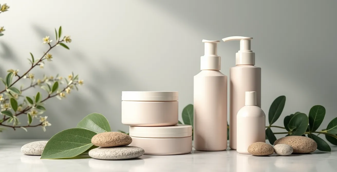 Minimalistische Darstellung verschiedener Kosmetikprodukte mit symbolischen Elementen für vegan, bio und natürlich