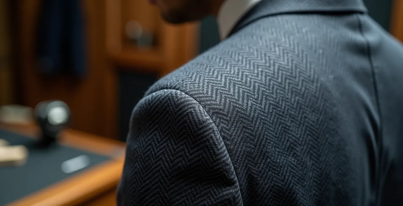 Detailaufnahme eines maßgeschneiderten Blazers mit perfekter Schulternaht