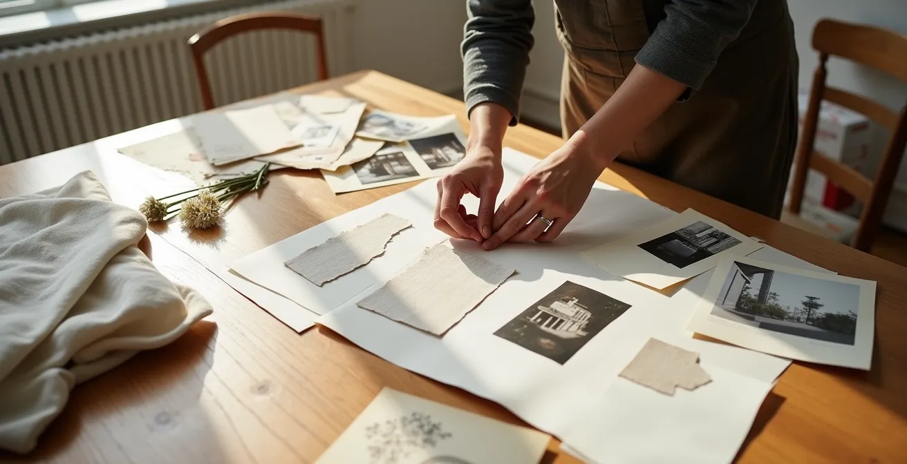 Kreativer Arbeitsplatz mit Stil-Moodboard aus Stoffmustern und Inspirationsbildern