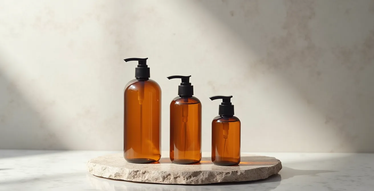 Drei Haarpflegeprodukte in minimalistischer Anordnung, die das Drei-Stufen-System symbolisieren