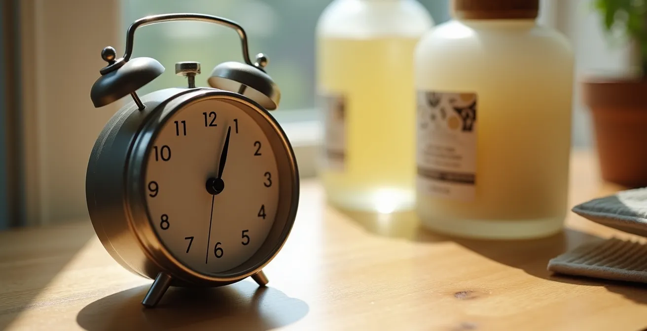 Traditionelle deutsche Küchenuhr neben Handcreme und Augengel auf einem aufgeräumten Schreibtisch
