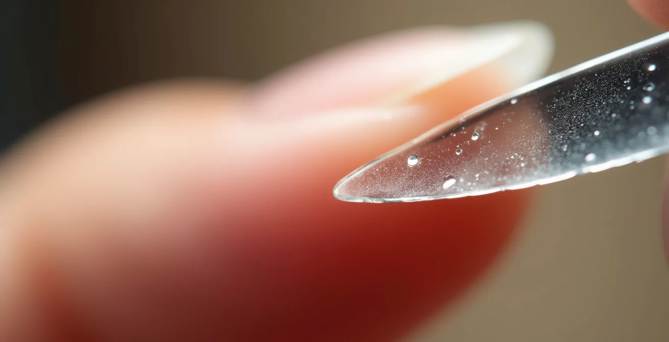 Nahaufnahme einer Glasfeile, die einen Nagel in eine Richtung feilt