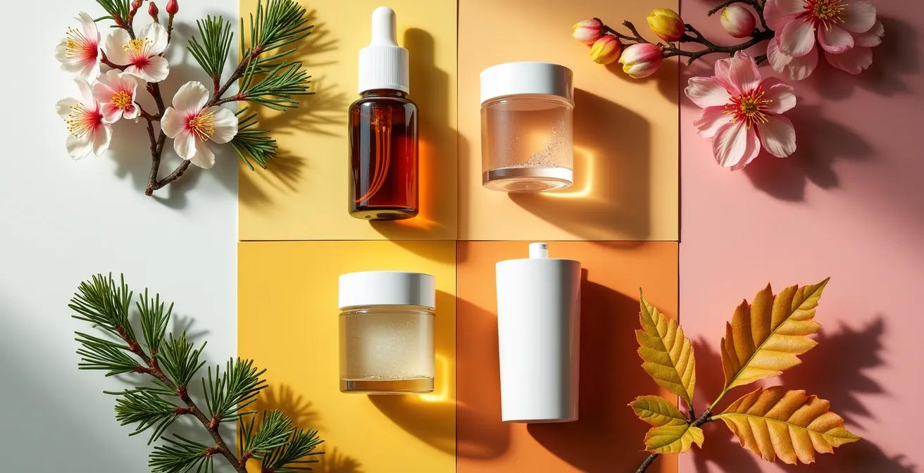 Vier Jahreszeiten der Hautpflege-Rituale in einem harmonischen Bild vereint