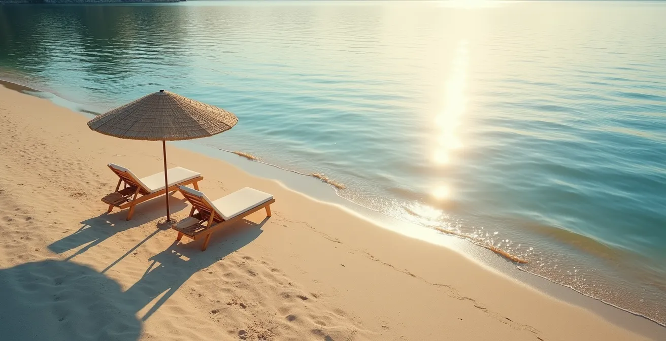 Visualisierung der UV-Reflexion und Streuung am Wasser, die zeigt, wie Strahlen auch im Schatten unter einem Sonnenschirm ankommen.