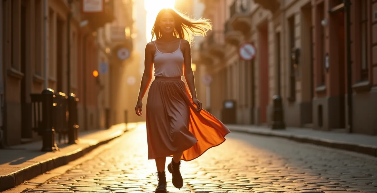 Kontrastreiche Modekombination zeigt die Stilbruch-Technik mit femininen und maskulinen Elementen