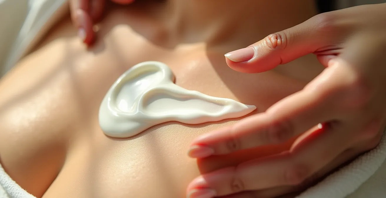 Makroaufnahme von Händen beim achtsamen Auftragen einer Gesichtscreme