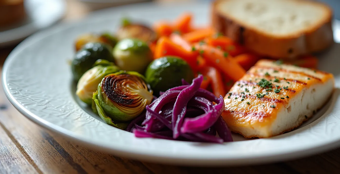 Visuelles Teller-Modell mit ausgewogener Aufteilung von Gemüse, Vollkornprodukten und Proteinen