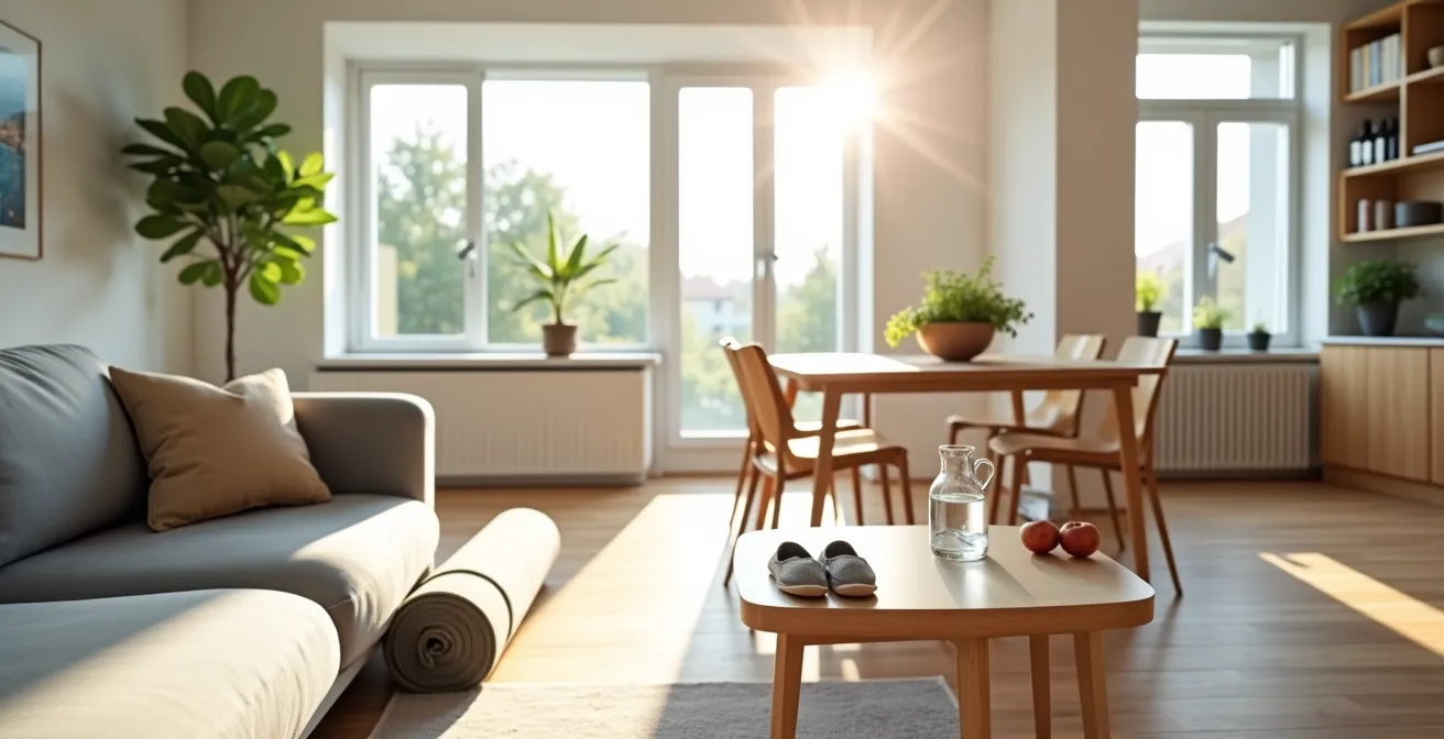 Optimierte Wohnumgebung für gesunde Gewohnheiten mit Yogamatte, Wasser und Obst in Sichtweite.