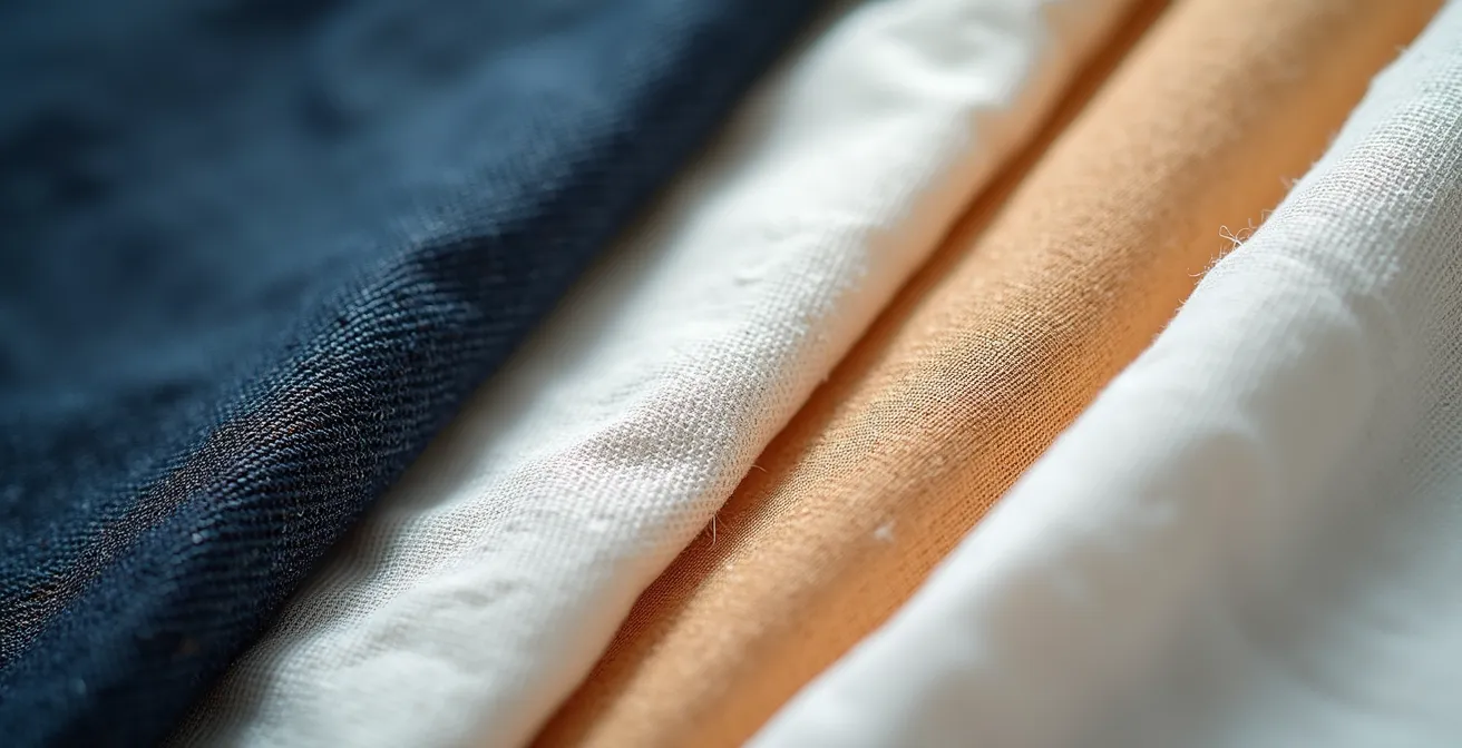 Vergleich verschiedener Stoffe und ihrer UV-Schutzeigenschaften, die dichte Webarten gegenüber losen zeigen.