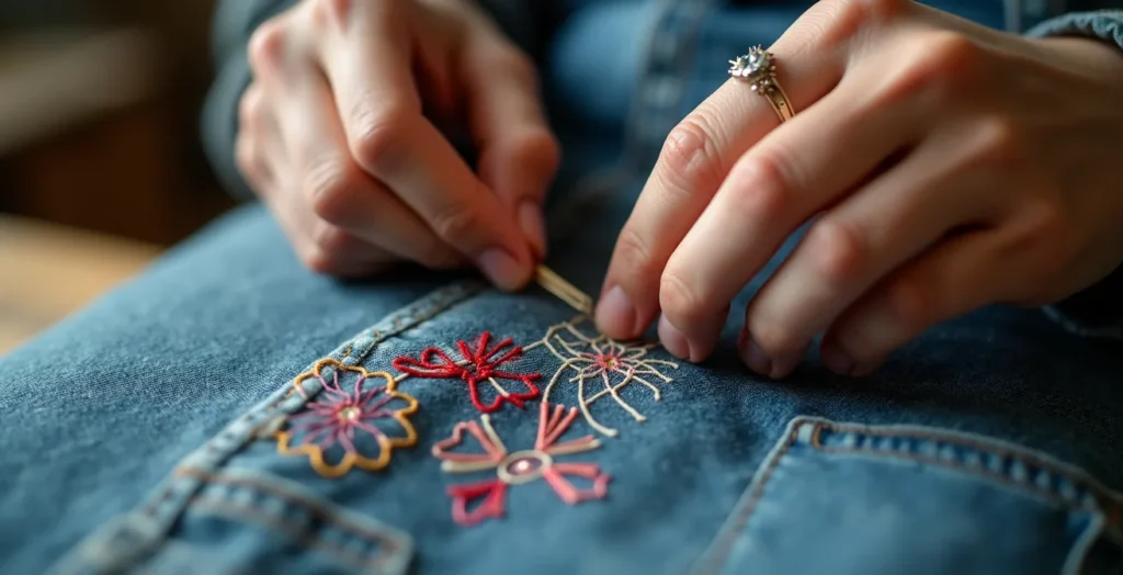 Kunstvoll repariertes Kleidungsstück mit Sashiko-Stickerei: Traditionelle japanische Reparaturtechnik wird zum modischen Statement und Symbol für Langlebigkeit Kunstvoll repariertes Kleidungsstück mit Sashiko-Stickerei: Traditionelle japanische Reparaturtechnik wird zum modischen Statement und Symbol für Langlebigkeit