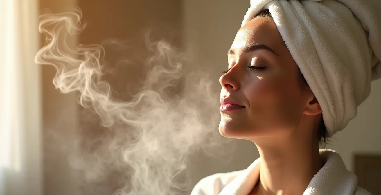 Frau mit Handtuchturban während einer Haarkur mit sichtbarem Dampf