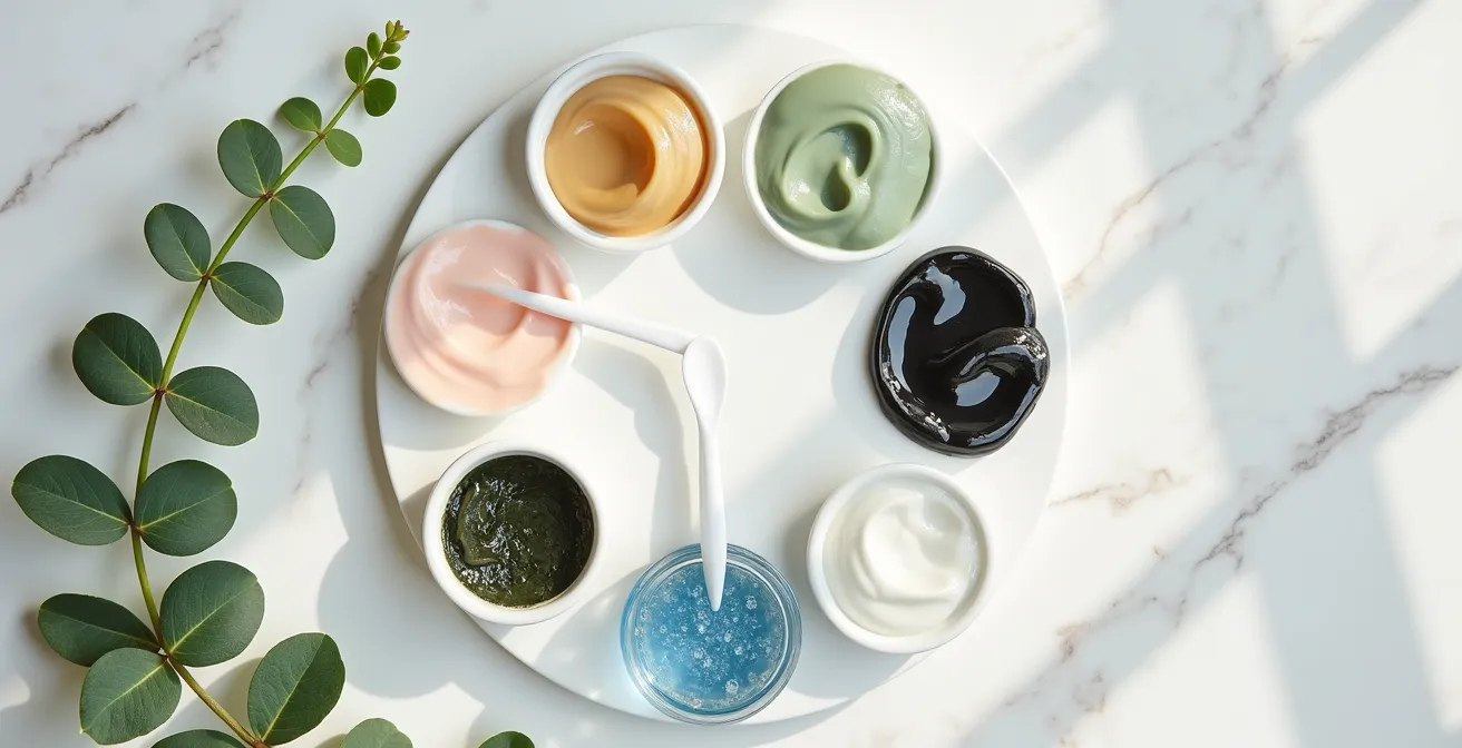 Ästhetische Flatlay-Komposition verschiedener Gesichtsmasken mit Wochenkalender-Elementen